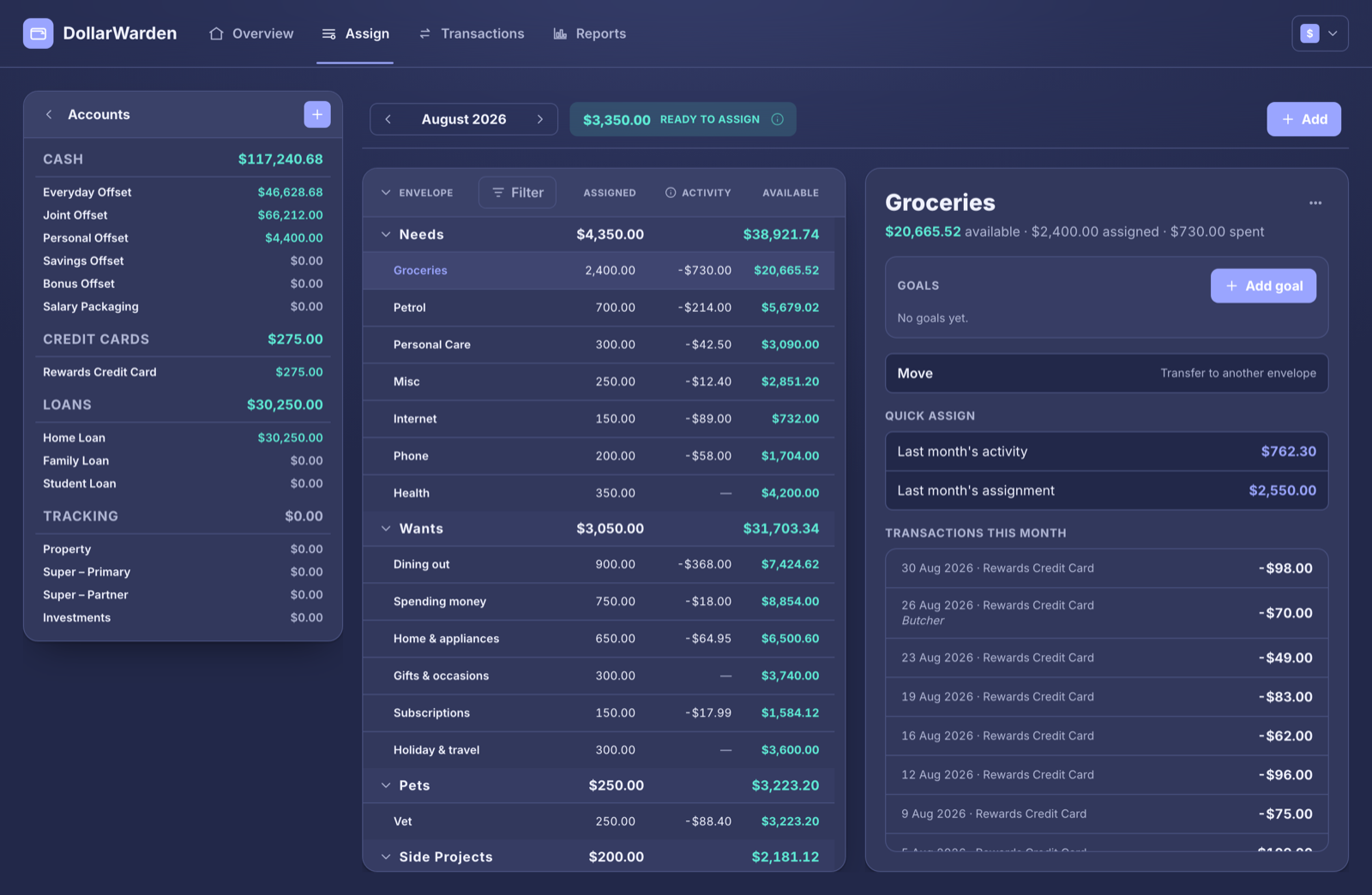 The DollarWarden Assign screen: a list of budget envelopes on the left and a goal editor for the selected envelope on the right.